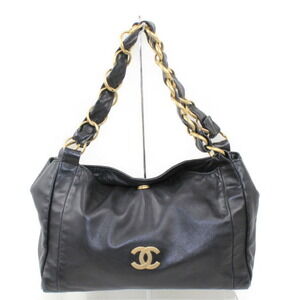 Chanel Big Chain Shoulder Bag Coco Mark Lambskin Leather Black Classic